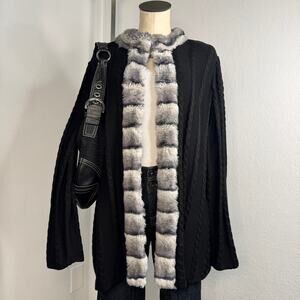Ming Wang Black Faux Fur Cable Knit Cardigan Sweater Size 0X Glam Quiet Luxury